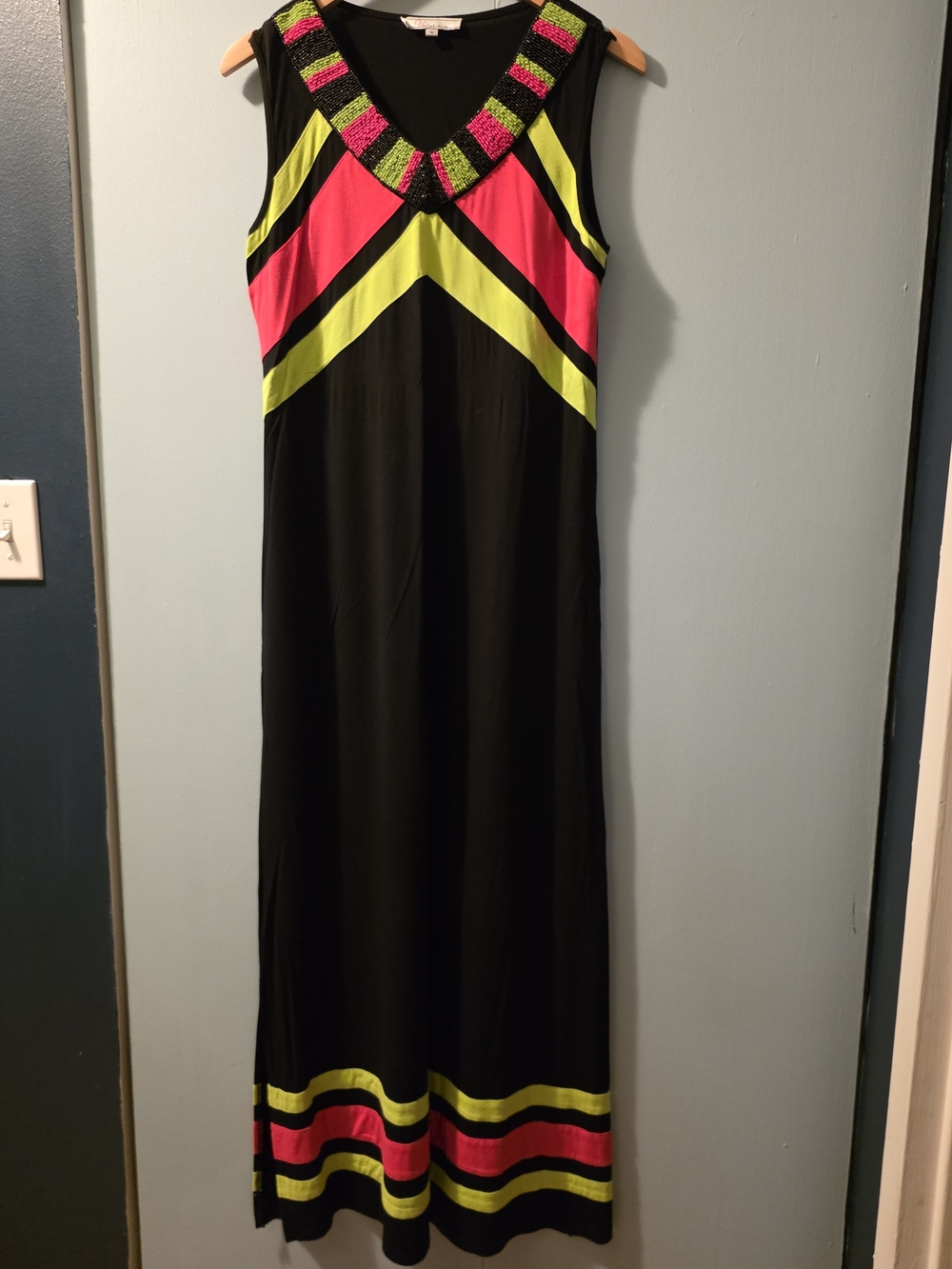 Black Maxi Dress with Neon Pink & Lime Chevron Accents